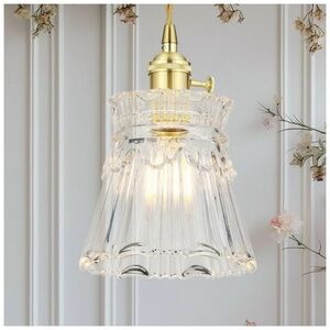 Vintage Pendant Light - Gold Hanging Lamp with French Floral Glass Shade. New
